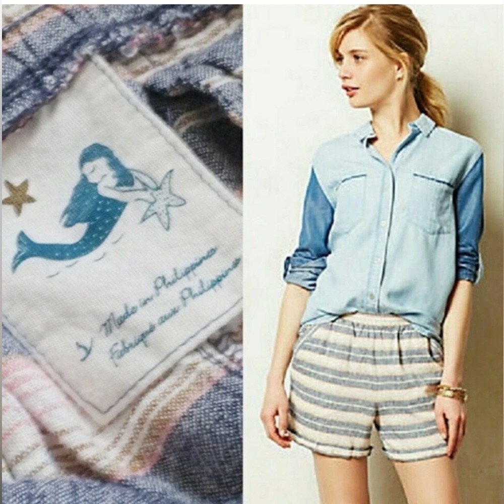 Anthropologie Mermaid Women’s Linen Blend Striped Pull On Shorts Folded Hem SZ S